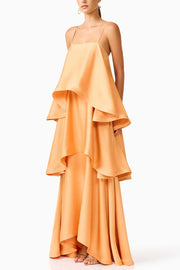Satin Tiered Maxi Dress – Square Neck Sleeveless A-Line
