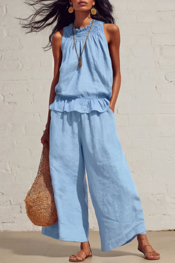 Linen Blend Sleeveless Ruffle Top & Wide-Leg Pants Set