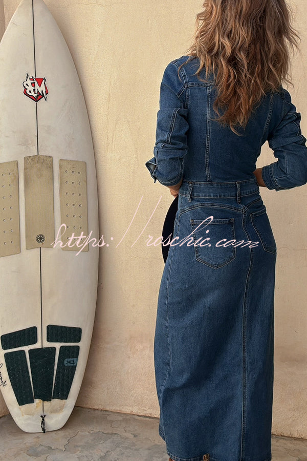 Robe midi en jean avec col chemise boutonné et fente crayon