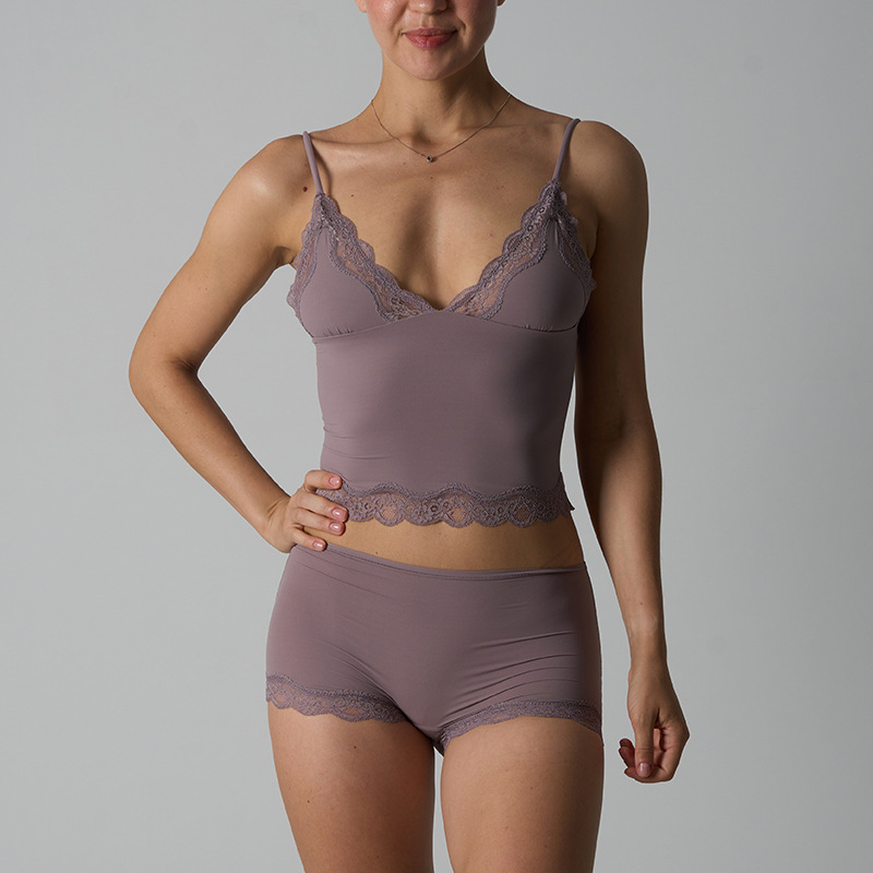 Duniii Lace Trim Crop Cami & Shorts Set