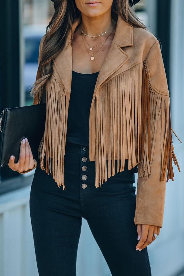 Cropped Faux Suede Jacket with Fringe Detail