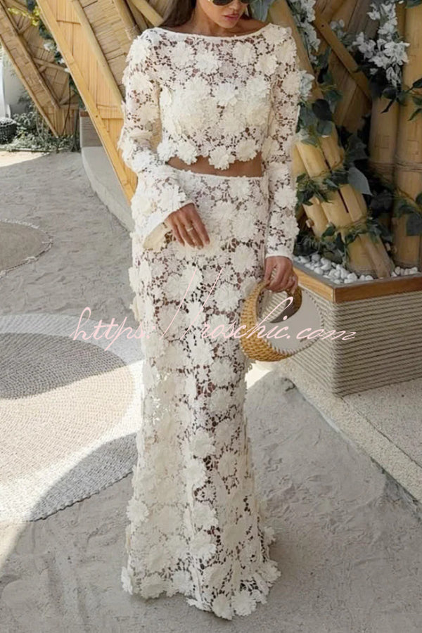 Lace Long Sleeve Backless Top & Fishtail Maxi Skirt Set