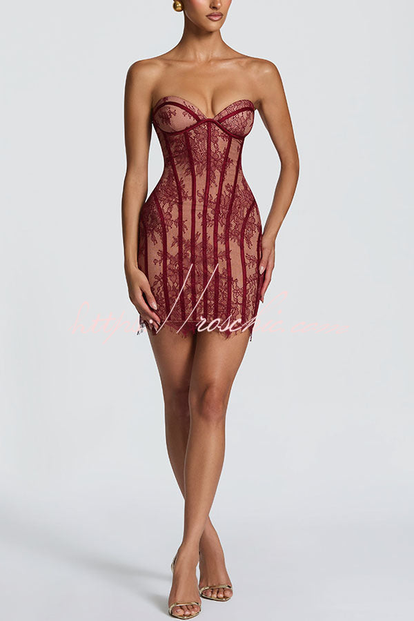Floral Lace Strapless Mini Dress with Lace-Up Back