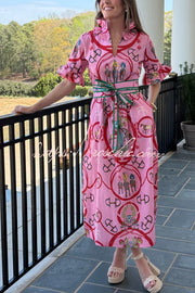 Warhorse Print Caftan Midi Dress with Ruffle Sleeves