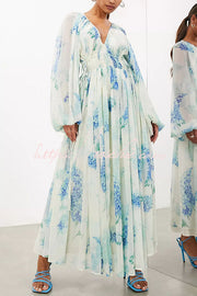 Robe longue florale en mousseline avec cordon de serrage à la taille et manches lanternes