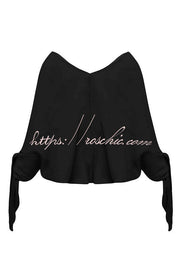 Linen Blend V-Neck Loose Top with Knotted Cuff Half Sleeves