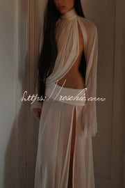 See-Through High-Neck Long-Sleeve Top & Maxi Skirt Set