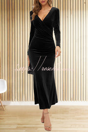 Velvet Long Sleeve V-Neck Fishtail Maxi Dress – Slim Fit