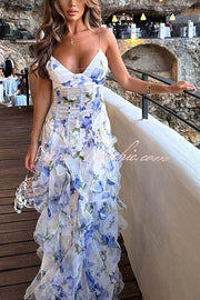 Chiffon Roses Print Ruffle Tiered Maxi Dress – V Neck