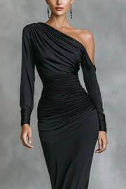 One-Shoulder Long Sleeve Pleated Maxi Dress – Slim Fit
