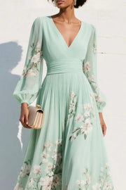 Floral Print V-Neck Maxi Dress – Fitted Waist, Long Sleeve