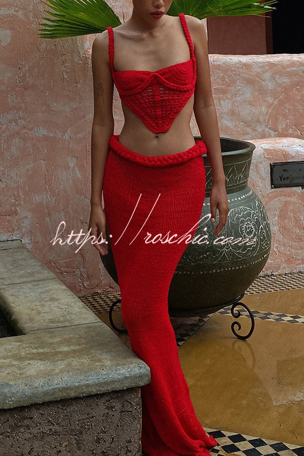 Crochet Knit Crop Tank Top with V-Hem & Braid Detail