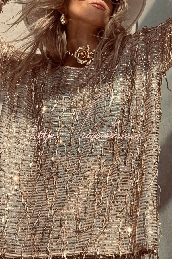 Sequin Long Sleeve Top & Elastic Waist Shorts Set