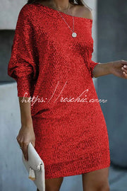Mini-robe pailletée à épaules dénudées – Coupe ample style vacances