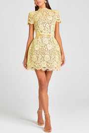 Yellow Lace Mini Dress with Bow Belt and Short Sleeves