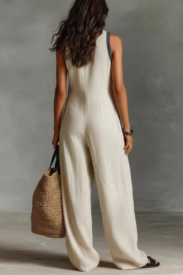 Linen Blend Sleeveless V-Neck Loose Jumpsuit with Pockets
