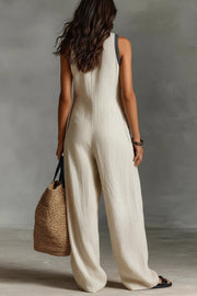 Linen Blend Sleeveless V-Neck Loose Jumpsuit with Pockets