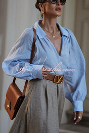Linen Blend Balloon Sleeve V-Neck Blouse – Loose Fit