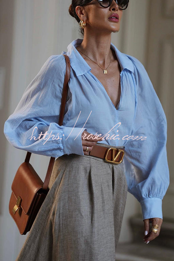 Linen Blend Balloon Sleeve V-Neck Blouse – Loose Fit
