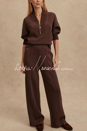 Ribbed Zipper Neck Sweatshirt & Loose Pants Set