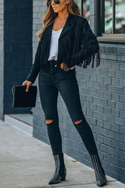 Cropped Faux Suede Jacket with Fringe Detail