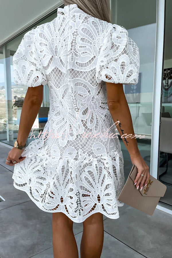 Crochet Lace Puff Sleeve Mini Dress – High Neck Party