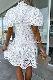 Crochet Lace Puff Sleeve Mini Dress – High Neck Party