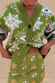 Eye & Heart Pattern Knit Cardigan – Loose Fit Long Sleeve