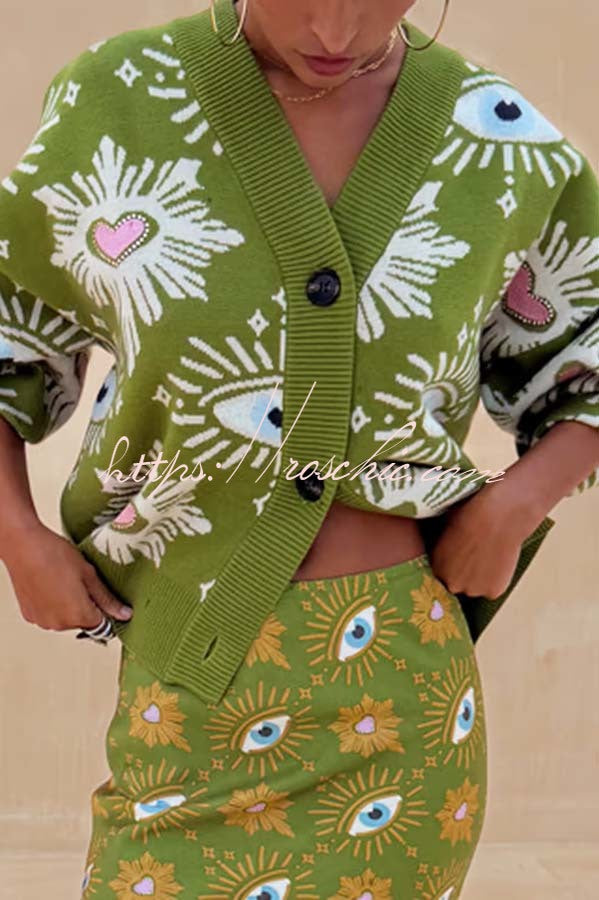Cardigan en tricot à motif œil et cœur – Coupe ample à manches longues