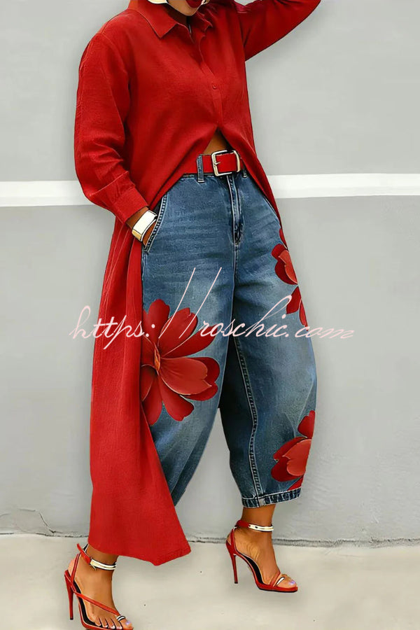 Jean large à imprimé floral avec poches – Coupe ample