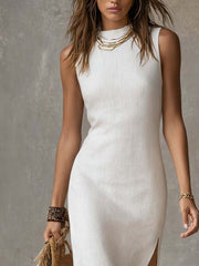 Cotton Linen Midi Dress with Stand Collar & Split Hem