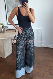 Wide Leg Jeans with Lace Patchwork Detail, High Rise