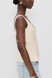 Gilet sans manches à col en V et bordure en dentelle | Coupe slim en mélange de lin