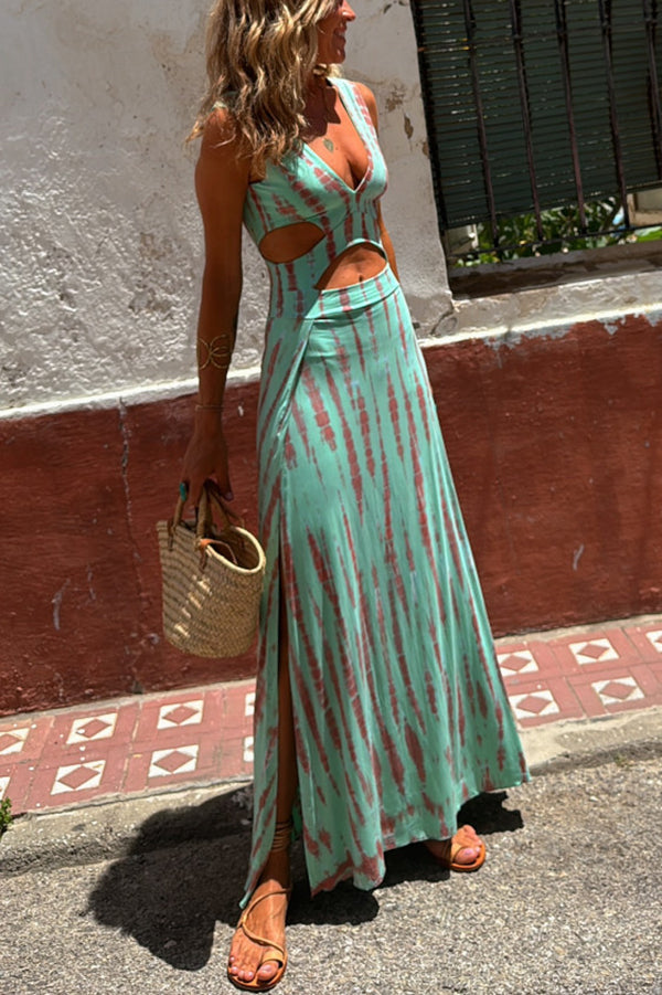 Tie-Dye Print Cutout Maxi Dress with Slit