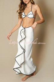 Color-block Bikini & Ruffled Maxi Skirt Set | Halter Neck