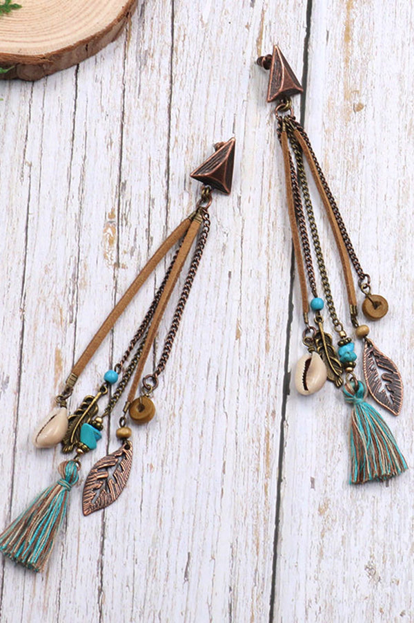 Retro Tassel Shell Leaf Drop Earrings with Long Fringe
