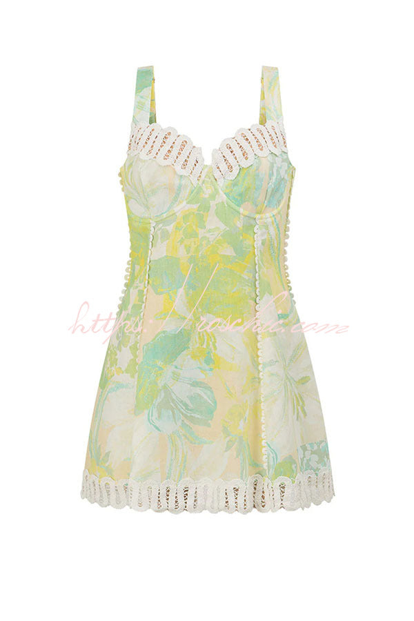 Floral Linen Blend Mini Dress with Crochet Trim & Lace-Up Back