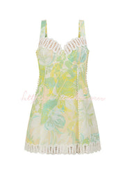 Floral Linen Blend Mini Dress with Crochet Trim & Lace-Up Back