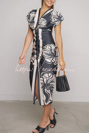 Contrast Print Dolman Sleeve Ruched Midi Dress