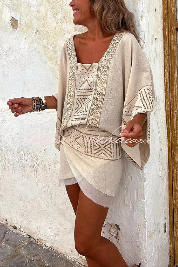 Linen Blend Ethnic Print Wrap Mini Skirt | Vacation Style