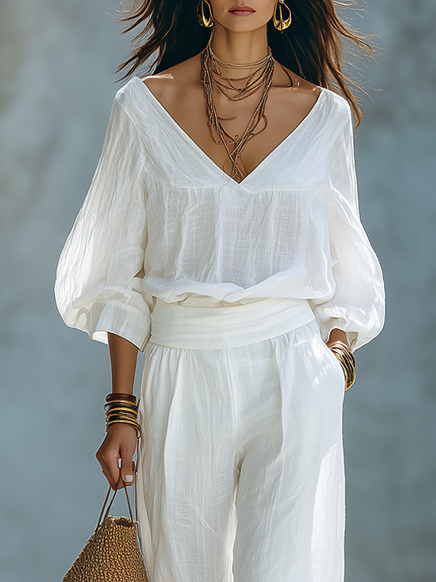 White Linen Puff Sleeve Top and Pants Set | Boho Two-Piece