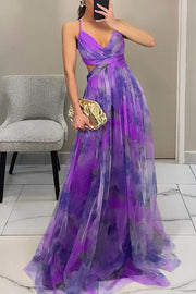 Floral Print Tulle Cutout Waist Lace-Up Maxi Dress