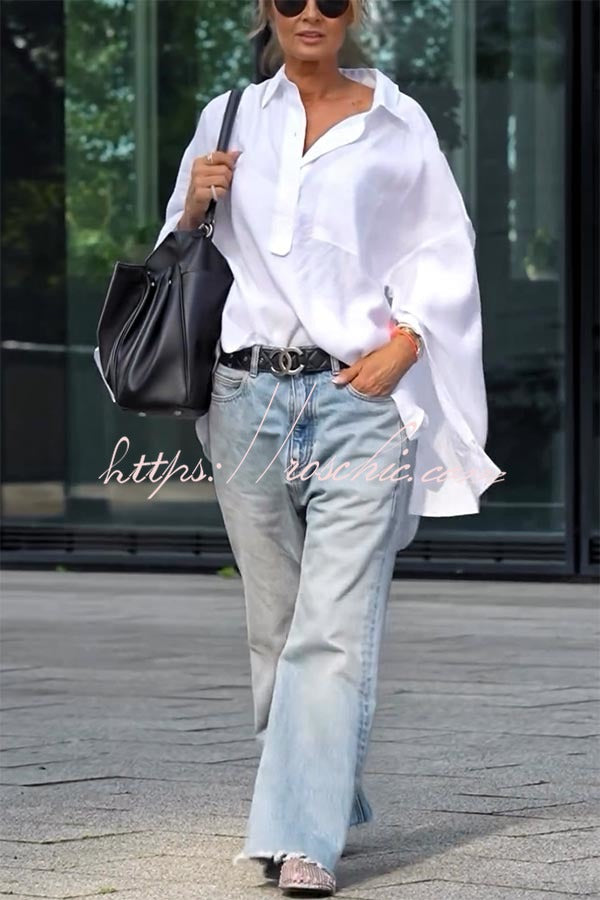 Wide Leg Washed Denim Jeans – Mid Rise Loose Fit