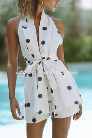 Linen Blend Polka Dot Halter Vest & Shorts Set with Belt