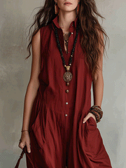 Brick Red Sleeveless Wide-Leg Jumpsuit for Women