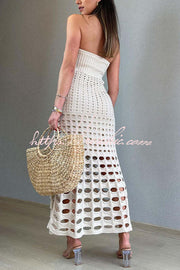 Robe longue en tricot à épaules dénudées et patchwork rustique – Coupe ample