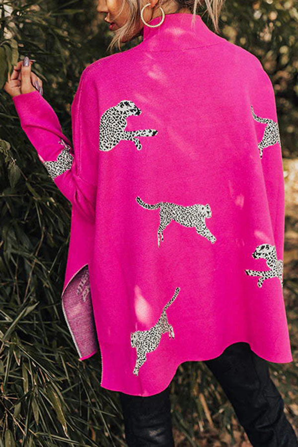 Leopard Print High Neck Relaxed Sweatshirt with Side Slit
