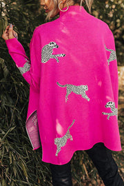 Leopard Print High Neck Relaxed Sweatshirt with Side Slit