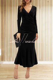 Velvet Long Sleeve V-Neck Fishtail Maxi Dress – Slim Fit