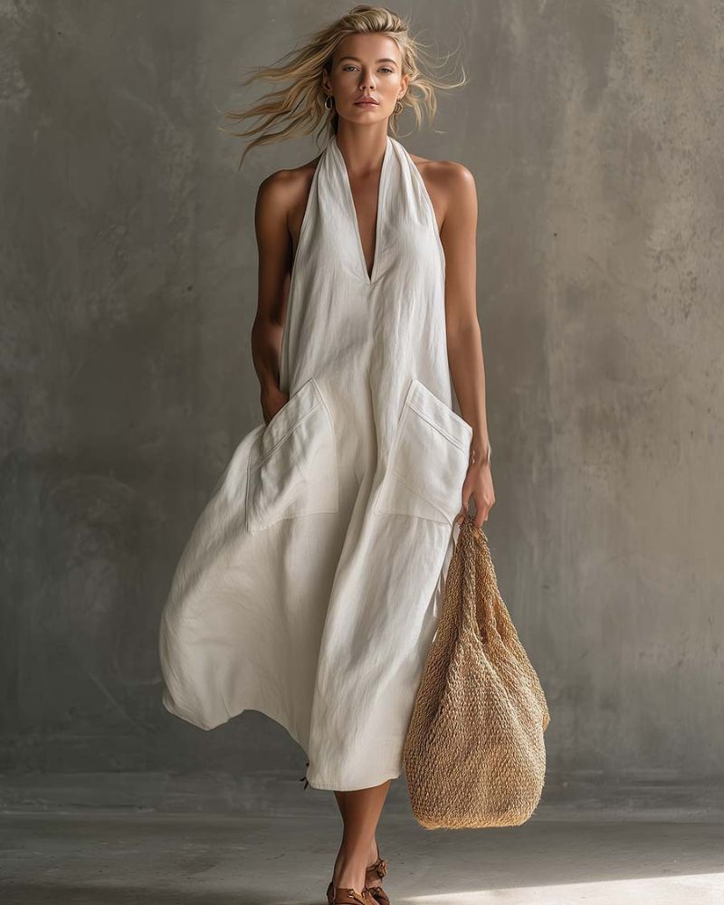 V-Neck Halter Midi Dress with Pockets